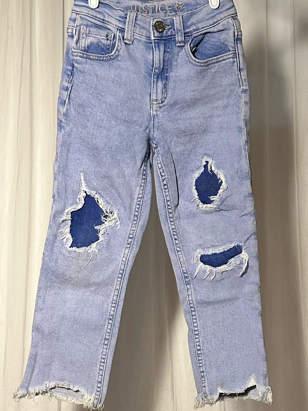 Justice Light Blue Distressed Girls' Jeans with Dark Blue Patch Details